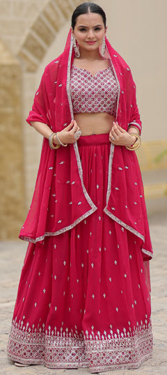 Red and Maroon color Lehenga in Faux Georgette fabric with Embroidered, Sequence, Thread work
