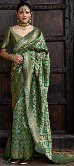 Green color Saree in Banarasi Silk, Silk fabric with Weaving, Zari work