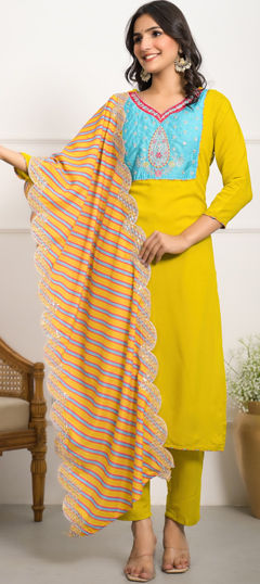 Yellow color Salwar Kameez in Viscose fabric with Embroidered, Patch, Thread work