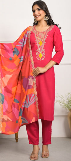 Pink and Majenta color Salwar Kameez in Viscose fabric with Embroidered, Sequence, Thread work