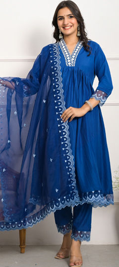 Blue color Salwar Kameez in Silk fabric with Embroidered, Resham, Thread work