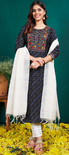 Black and Grey color Salwar Kameez in Rayon fabric with Embroidered, Printed, Resham, Sequence, Thread work