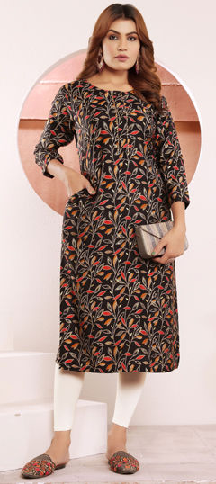 Black and Grey color Kurti in Muslin fabric with Printed work