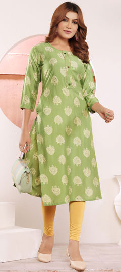 Green color Kurti in Muslin fabric with Printed work