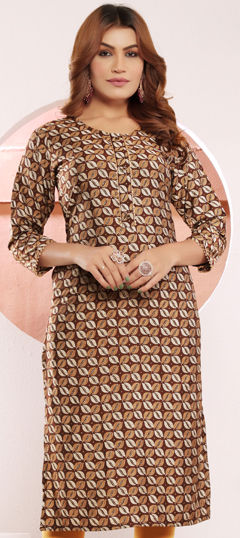 Beige and Brown color Kurti in Muslin fabric with Printed work