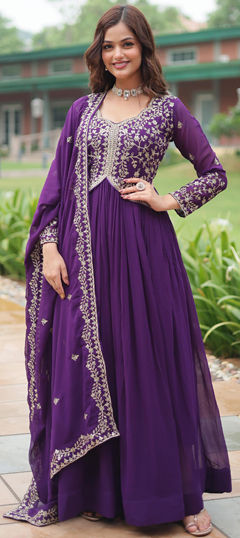 Purple and Violet color Gown in Georgette fabric with Embroidered, Thread work