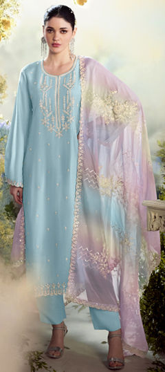 Blue color Salwar Kameez in Silk fabric with Embroidered, Thread work