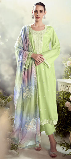 Green color Salwar Kameez in Silk fabric with Embroidered, Thread work