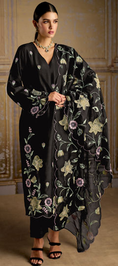 Black and Grey color Salwar Kameez in Silk fabric with Appliques, Embroidered, Resham, Thread work