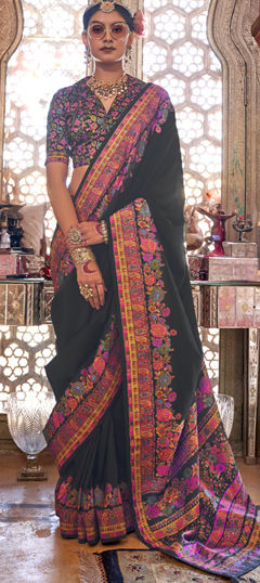 Black and Grey color Saree in Viscose fabric with Floral, Printed work