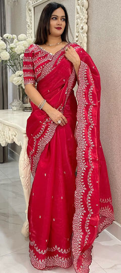 Pink and Majenta color Saree in Satin Silk fabric with Embroidered, Sequence, Thread, Zari work