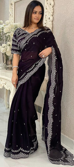 Purple and Violet color Saree in Satin Silk fabric with Embroidered, Sequence, Thread, Zari work