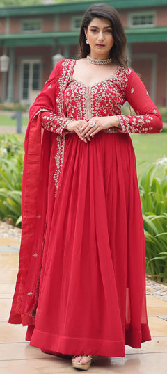 Red and Maroon color Gown in Georgette fabric with Embroidered, Thread work