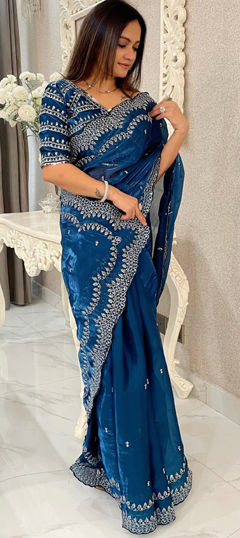 Blue color Saree in Satin Silk fabric with Embroidered, Sequence, Thread, Zari work