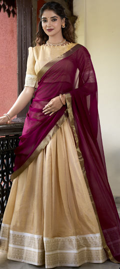 Beige and Brown color Lehenga in Kanchipuram Silk fabric with Weaving, Zari work