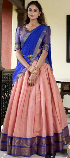 Pink and Majenta color Lehenga in Kanchipuram Silk fabric with Weaving, Zari work