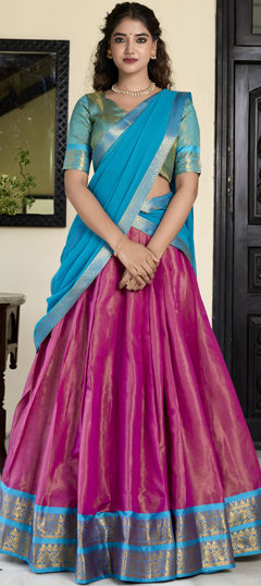 Pink and Majenta color Lehenga in Kanchipuram Silk fabric with Weaving, Zari work