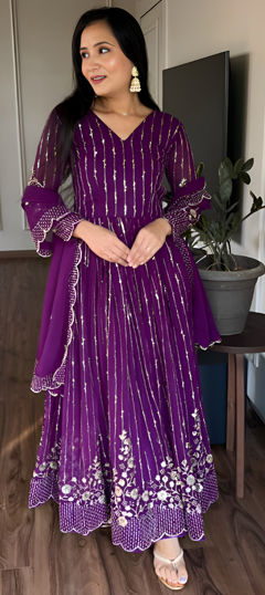 Purple and Violet color Gown in Faux Georgette fabric with Embroidered, Sequence, Thread work