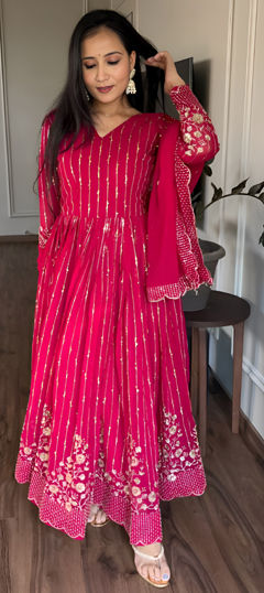 Pink and Majenta color Gown in Faux Georgette fabric with Embroidered, Sequence, Thread work