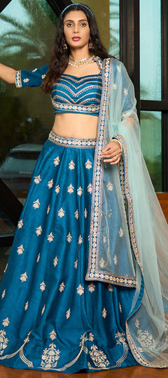 Blue color Lehenga in Art Silk fabric with Embroidered, Resham, Thread work