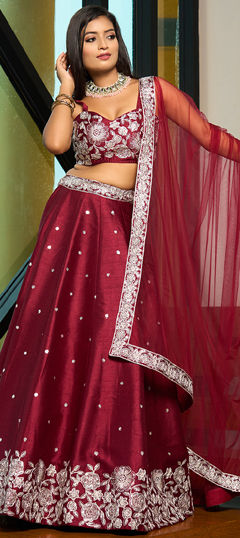 Red and Maroon color Lehenga in Art Silk fabric with Embroidered, Resham, Thread work