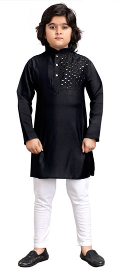 Black and Grey color Boys Kurta Pyjama in Viscose fabric with Embroidered, Mirror, Resham work