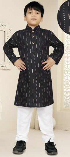 Black and Grey color Boys Kurta Pyjama in Cotton fabric with Sequence, Thread work