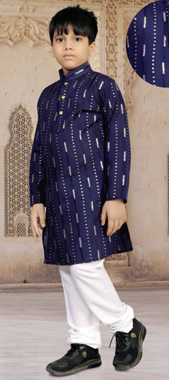 Blue color Boys Kurta Pyjama in Cotton fabric with Sequence, Thread work