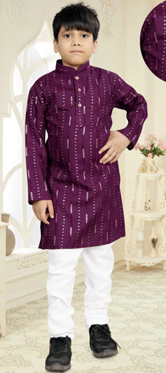 Purple and Violet color Boys Kurta Pyjama in Cotton fabric with Sequence, Thread work