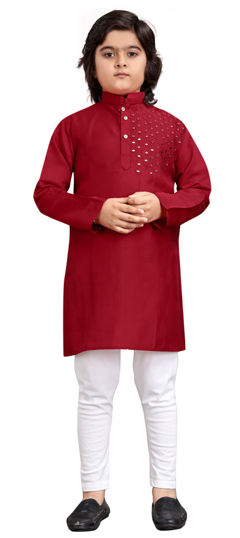 Red and Maroon color Boys Kurta Pyjama in Viscose fabric with Embroidered, Mirror, Resham work