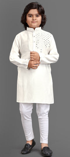 White and Off White color Boys Kurta Pyjama in Viscose fabric with Embroidered, Mirror, Resham work