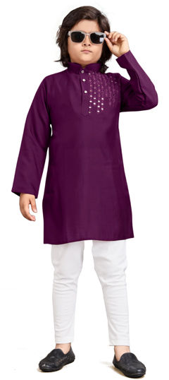 Purple and Violet color Boys Kurta Pyjama in Viscose fabric with Embroidered, Mirror, Resham work