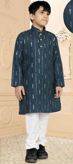 Blue color Boys Kurta Pyjama in Cotton fabric with Sequence, Thread work