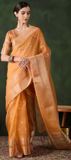 Orange color Saree in Organza Silk fabric with Weaving work