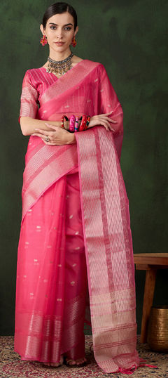 Pink and Majenta color Saree in Organza Silk fabric with Weaving work