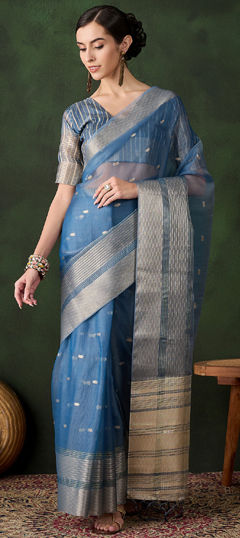 Blue color Saree in Organza Silk fabric with Weaving work