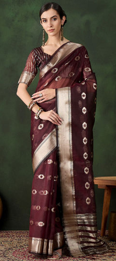 Red and Maroon color Saree in Organza Silk fabric with Weaving work