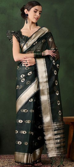 Green color Saree in Organza Silk fabric with Weaving work