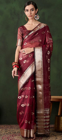 Red and Maroon color Saree in Organza Silk fabric with Weaving work