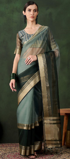 Green color Saree in Organza Silk fabric with Weaving work