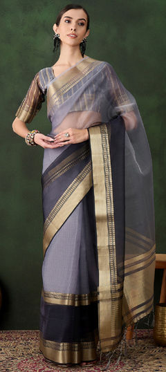 Black and Grey color Saree in Organza Silk fabric with Weaving work