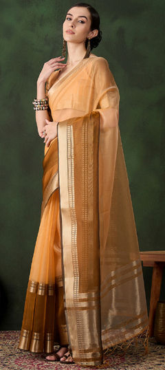 Yellow color Saree in Organza Silk fabric with Weaving work