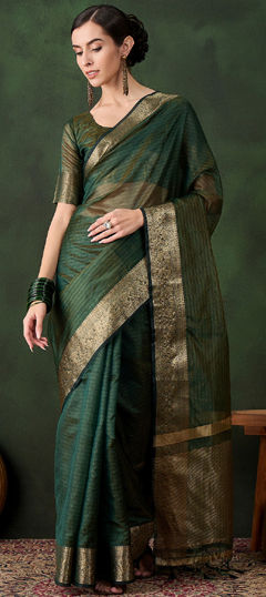 Green color Saree in Organza Silk fabric with Weaving work