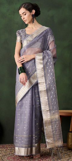 Black and Grey color Saree in Organza Silk fabric with Weaving work