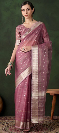 Pink and Majenta color Saree in Organza Silk fabric with Weaving work