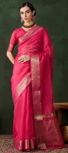 Pink and Majenta color Saree in Organza Silk fabric with Weaving work