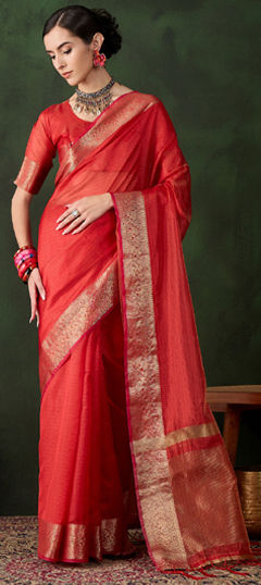 Red and Maroon color Saree in Organza Silk fabric with Weaving work