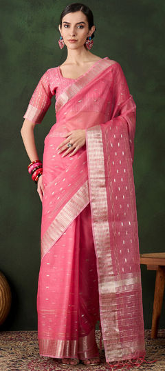 Pink and Majenta color Saree in Organza Silk fabric with Weaving work