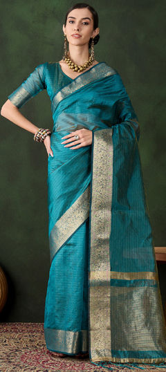 Blue color Saree in Organza Silk fabric with Weaving work