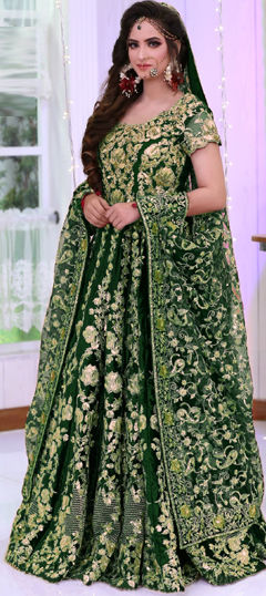 Green color Lehenga in Velvet fabric with Embroidered, Resham, Thread, Zari work